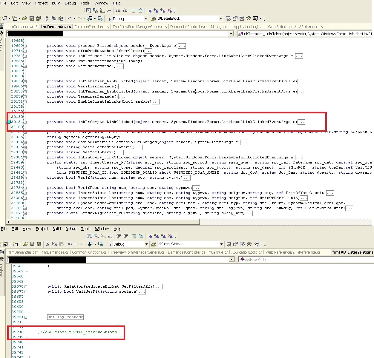 A screengrab of Visual Studio 2003, showing the method lnkPrCompte_LinkClicked is over 2,000 lines in a 39,000 line file
