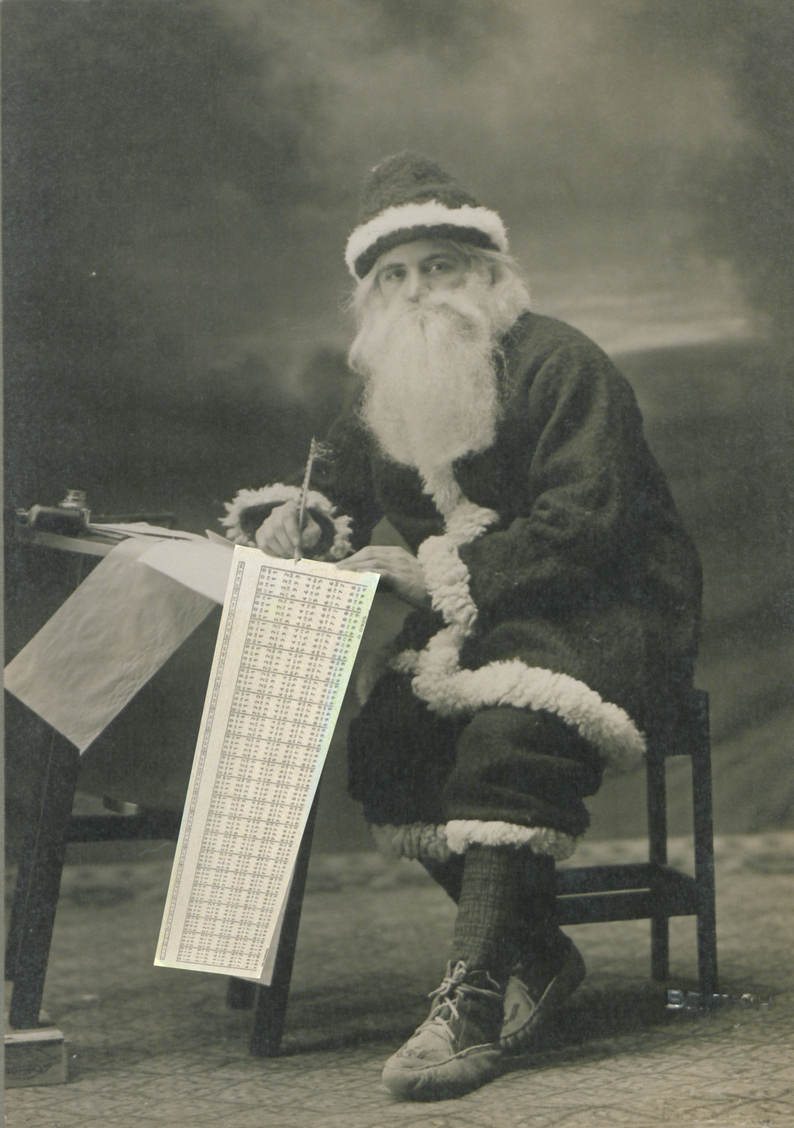 An old-timey photo of Santa Claus where a punch-card has been awkwardly photoshopped in so it looks kind of like he's writing on a punch card. It's a stupid visual gag, and not very good.