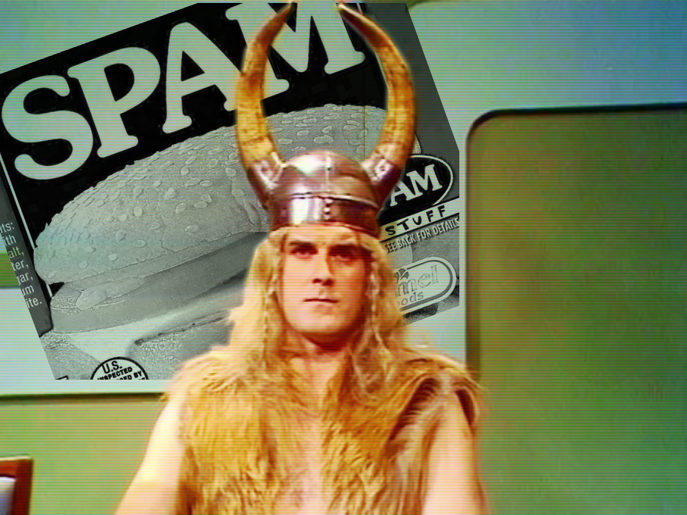 John Cleese, dressed as a viking, in front of a picture of Spam; from the sketch show Monty Python's Flying Circus