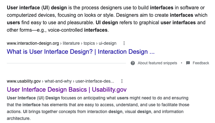 Screenshot of Google search results, showing the US Usability site as the first hit